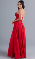 Red strapless transparent tight and floor length Prom dress