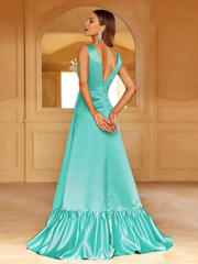 V-neck sleeveless ruffle hem with side slit and floor length Prom Dress - LD Dress