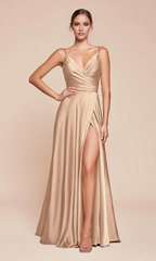 Jimiss A-line V-neck slim shoulder strap tight corset with side slit and floor length Prom dress