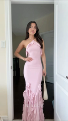 Sheath Sleeveless Pink Ruffle Long formal dresses Bridesmaid Dresses evening gown Prom Dress