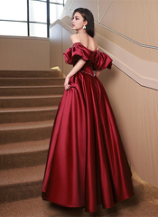 A-Line Princess Satin Beaded Long Party Dress Puffy Sleeves Prom Dress