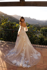 Embroidered floral decal long strapless transparent tight corset wedding dress