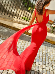 Red chiffon lace backless extra long train evening gowns