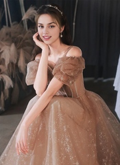 A-Line Princess Glitter Champagne Tulle Off Shoulder Long Party Dress Formal Dress Prom Dress