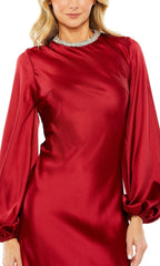 High neck long sleeved wine red tea long prom dress