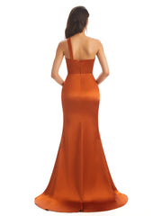 Sexy soft satin side slit one shoulder long fish tail bridesmaid dress