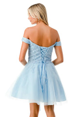 Embroidered applique short off shoulder dress