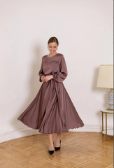 A-line Crew Neck Long Sleeve Tea Length Cocktail Dress Pink Bridesmaid Dress Formal Dresses for Wedding Guest Mother of the Bride Dresses