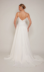 Perfect satin chicken neckline A-line slit satin button wedding dress