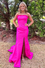 Jimiss off shoulder red satin slit with fish tail long dress