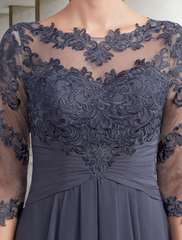 Mother of the Bride Dress Elegant  Floor Length Chiffon Lace Sleeve with Ruched Appliques