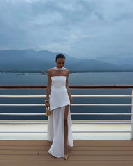 White Strapless Satin Chiffon Split Holiday Summer Prom Dress