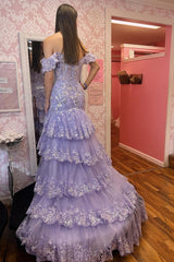 Mermaid Off the Shoulder Lavender Sequins Tiered Prom Dresses