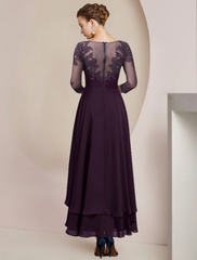 A-Line Mother of the Bride Dress Formal Wedding Guest Elegant High Low Scoop Neck Asymmetrical Chiffon Lace Sleeve with Sequin Tier Appliques