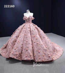 3D Flower Pink Quince Dresses Ball Gown Wedding Dress Off the Shoulder 222160