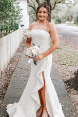 Mermaid Strapless Jacquard Satin Prom Dresses