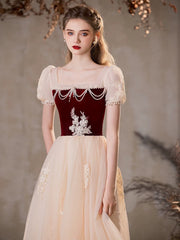 A-Line Tulle Champagne Long Prom Dress with Beads