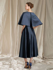 A-Line Mother of the Bride Dress Elegant Jewel Neck Tea Length Satin Half Sleeve with Pleats