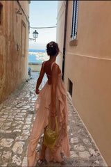 A Line Halter Neck Pink Long Chiffon Prom Dresses