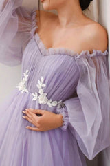 Purple Tulle Lace Long Prom Dresses, A-Line Evening Dresses