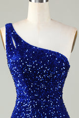 Sequins One Shoulder Royal Blue Tight Beading Short Homecoming Dress