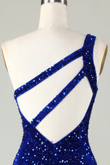 Sequins One Shoulder Royal Blue Tight Beading Short Homecoming Dress