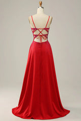 A Line Red Thin Shoulder Strap Beaded Long Prom Dress