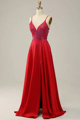 A Line Red Thin Shoulder Strap Beaded Long Prom Dress