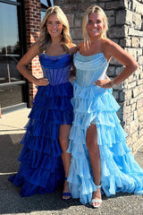 Ball Gown Strapless Royal Blue Ruffle Tiered Chiffon Long Prom Dresses