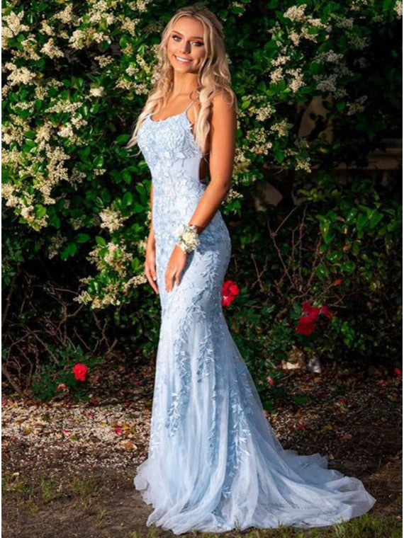 Mermaid Long Lace Light Blue Prom Dresses Spaghetti Straps