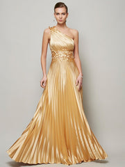 A-Line/Princess One-Shoulder Sleeveless Hand-Made Flower Long  Woven Satin Dresses