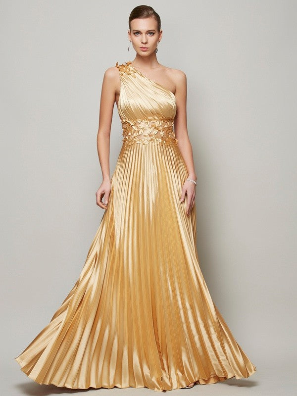 A-Line/Princess One-Shoulder Sleeveless Hand-Made Flower Long  Woven Satin Dresses