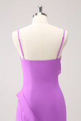 Tight fitting thin shoulder strap ruffle edge slit long bridesmaid dress