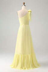 A Line One Shoulder Yellow Long Wedding Guest Dress with Slit