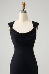 Black Blue Mermaid Cowl Neck Long Bridesmaid Dress