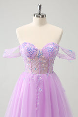 A Line Lilac Off the Shoulder Sequined Homecoming Dress