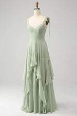 Matcha A-line thin shoulder strap ruffled chiffon long bridesmaid dress