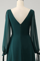 A Line Dark Green Bateau Neck Chiffon Bridesmaid Dress with Slit