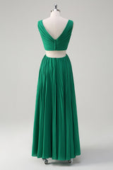 A-Line Green Pleated Hollow Out Long Bridesmaid Dress