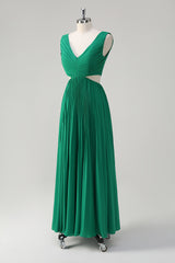 A-Line Green Pleated Hollow Out Long Bridesmaid Dress