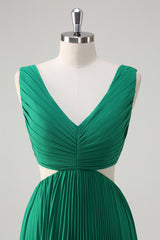 A-Line Green Pleated Hollow Out Long Bridesmaid Dress