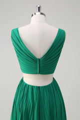 A-Line Green Pleated Hollow Out Long Bridesmaid Dress