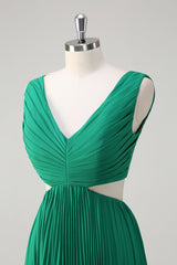 A-Line Green Pleated Hollow Out Long Bridesmaid Dress