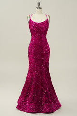 Sequin Spaghetti Straps Mermaid Prom Dress with Lace-up Back Sparkly
