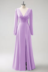 A Line Grey Blue V-Nack Chiffon Bridesmaid Dress with Long Sleeves