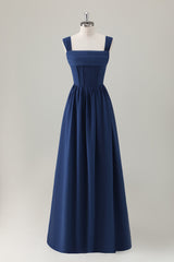 A-Line Square Neck Corset Dark Blue Long Bridesmaid Dress with Lace Up Back