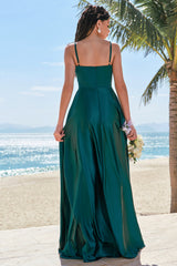 A-Line Dark Green Spaghetti Straps Satin Ruched Long Bridesmaid Dress