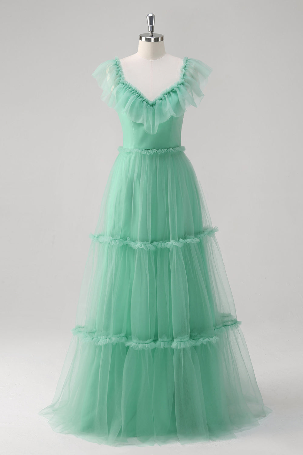 A-Line Green Ruffled Hollow Out Tulle Bridesmaid Dress