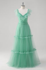 A-Line Green Ruffled Hollow Out Tulle Bridesmaid Dress