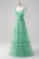 A-Line Green Ruffled Hollow Out Tulle Bridesmaid Dress